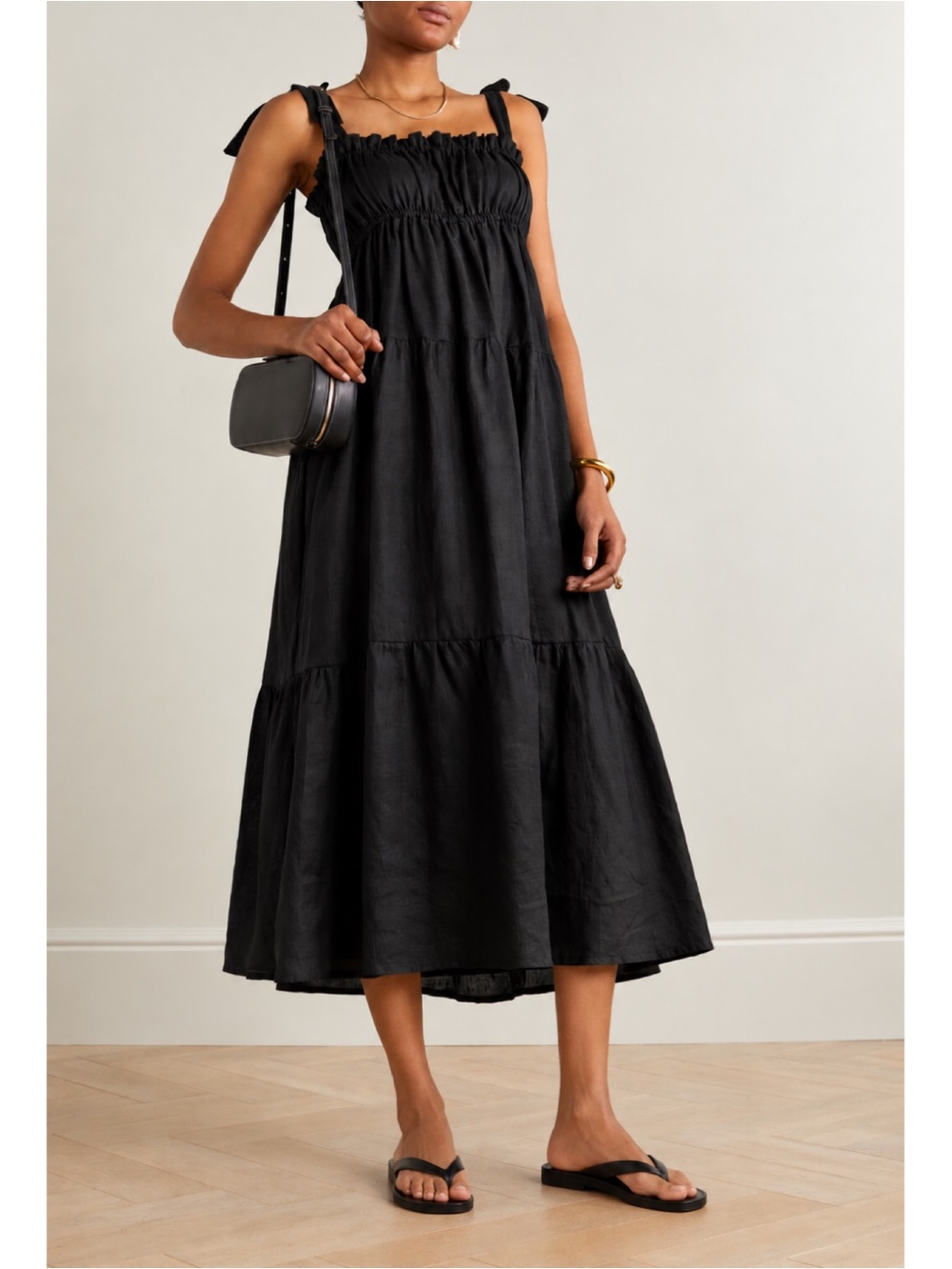 Faithfull The Brand Bellamy Black Linen Smocked Tiered Midi Dress Size Small